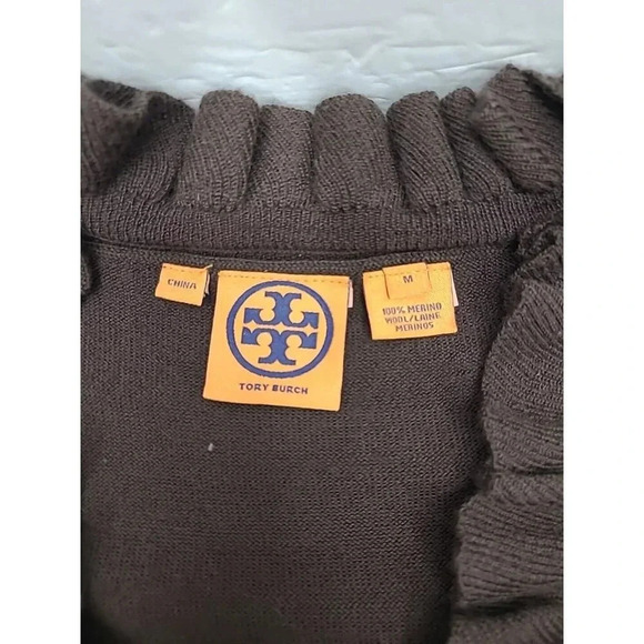 Tory Burch 100% Merino Wool Brown Sweater Women's Size Med Ruffled Collar - Picture 4 of 7